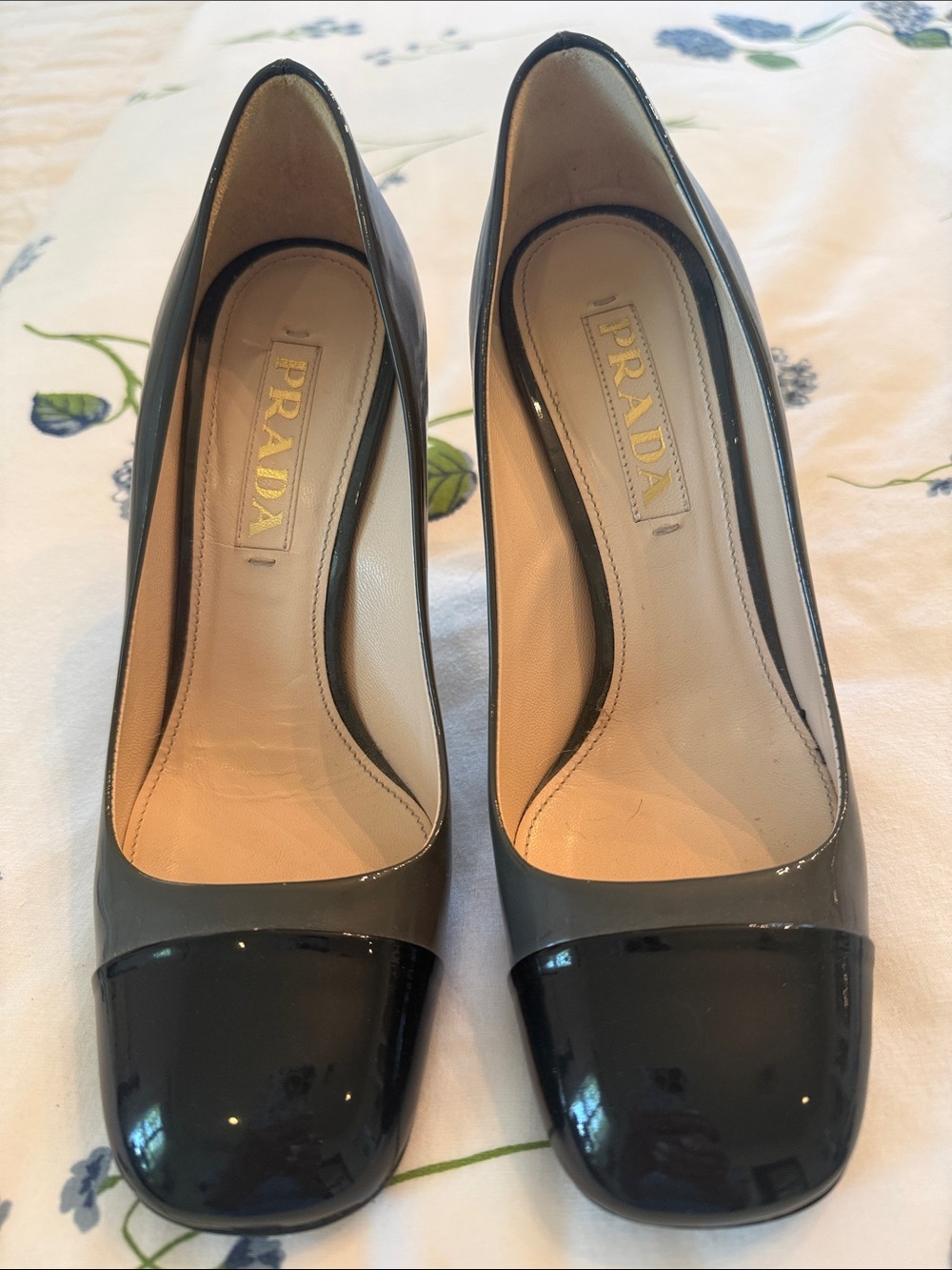 Prada Two-Tone Patent Leather Pumps in Gray and Black